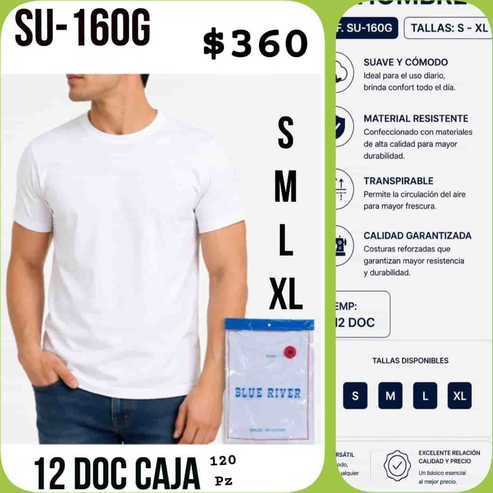 Playera blanca SU-160G, tallas S a XL